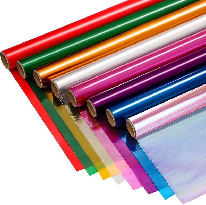 woric 8 Rolls Colored Cellophane Wrap Extra Wide (34In x 10Ft) Transparent Cellophane Paper Roll for Gift Baskets Gift Wrapping Valentine's Day DIY Crafts Project Decoration - Image 1